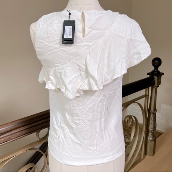NWT Maje Lorena Asymmetric-Ruffle White Crepe Top w/ makeup marks at neckline - Picture 8 of 11